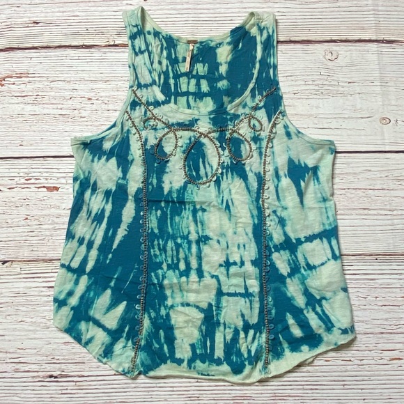 Free People Everything Zen Teal Tie Dye Beaded Tank Top Sz S - Picture 10 of 14